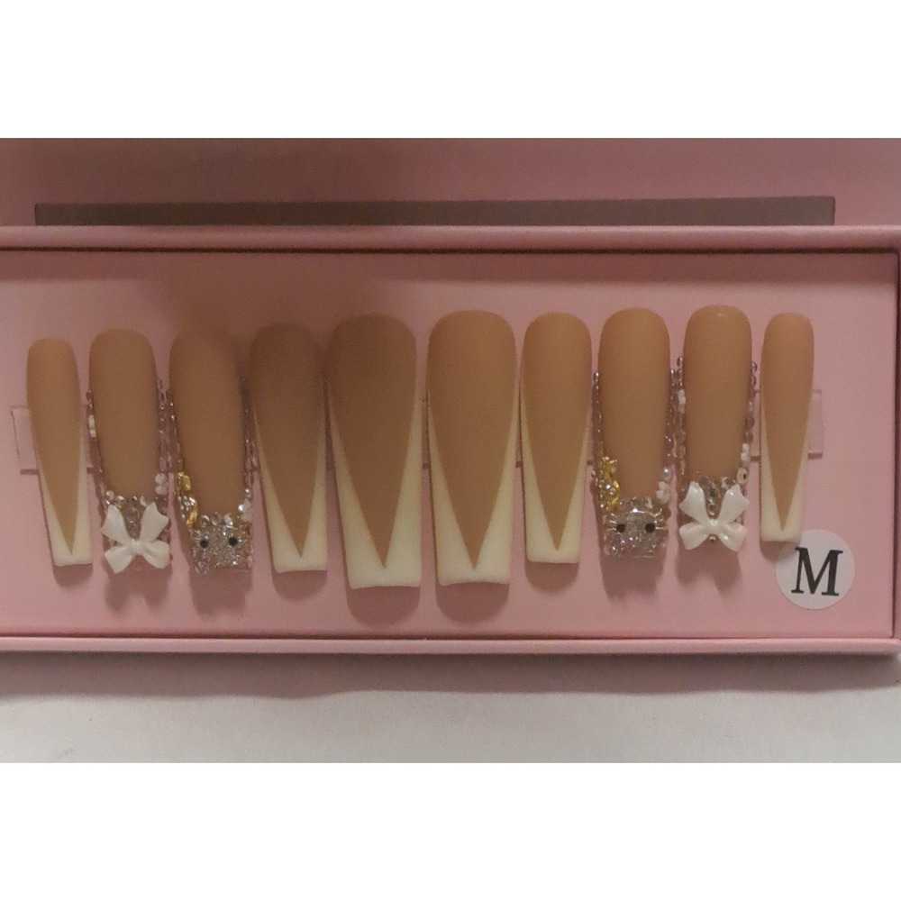 Handmade Hello Kitty Press On Nail Stiletto Nude French Tip Bling Rhinestone Bow